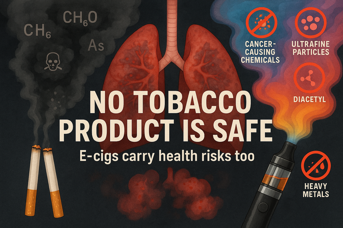 a perfect fitting photo about: No tobacco product is safe. Even e-cigs carry health risks. Vape aerosol can contain cancer-causing chemicals, ultrafine particles, diacetyl, and heavy metals.


